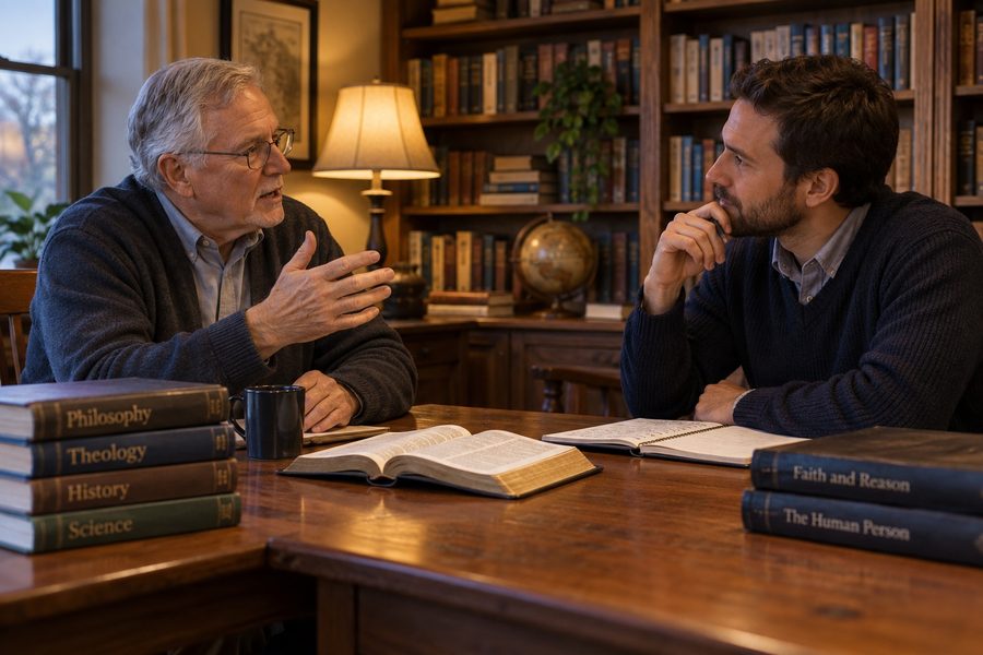 Two men in conversation across a desk in a book-lined study, one making his case and the other listening